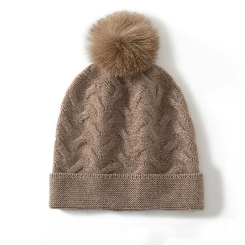 100% Cashmere Beanie Cable Knit Beanie Hat with Fur Pom Pom