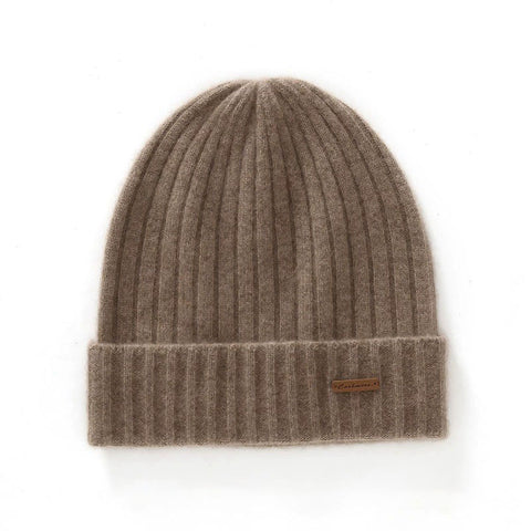 Unisex 100% Pure Cashmere Ribbed Knitted Beanie Cuffed Hat with Logo Patch