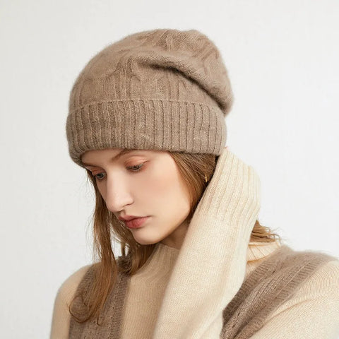 100% Cashmere Slouchy Ribbed Beanie Bonnet Hat Warm Knit Caps Skullies