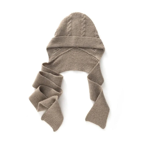 Cable-Knit Ribbed Cashmere Winter Hat with Wrap Scarf with Ties