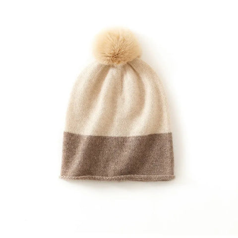 Two-Tone Ribbed Knit Cashmere Beanie with Fur Pom Pom