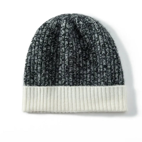 Two-Tone 100% Cashmere Ribbed Knit Cashmere Beanie Hat