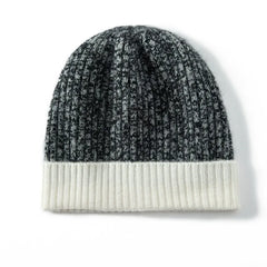 Two-Tone 100% Cashmere Ribbed Knit Cashmere Beanie Hat