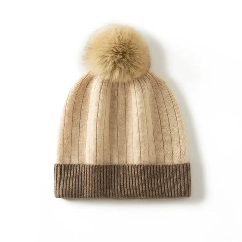 Winter Knitted Cashmere Ribbed Beanie with Faux Fur Pom Warm Hat Skull Cap