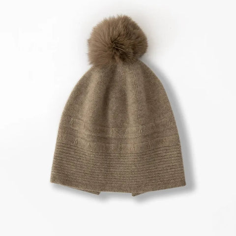 Winter Warm Knitted Hat 100% Cashmere Beanie with Fur Pom-Pom