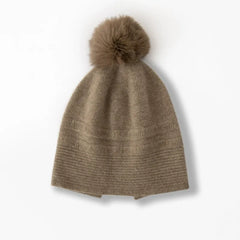Winter Warm Knitted Hat 100% Cashmere Beanie with Fur Pom-Pom