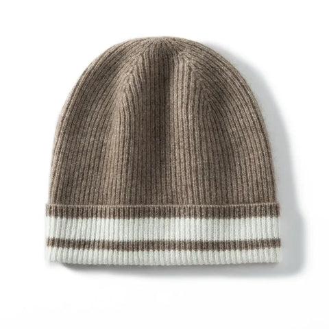 Ribbed Cashmere Beanie with Contrast Stripe Hem Hat Outdoor Knitted Cap