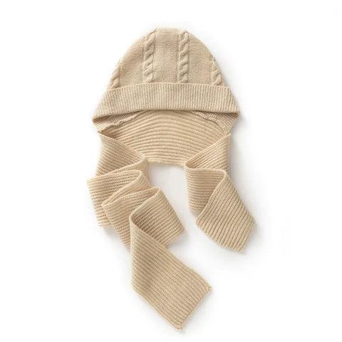 Cable-Knit Ribbed Cashmere Winter Hat with Wrap Scarf with Ties