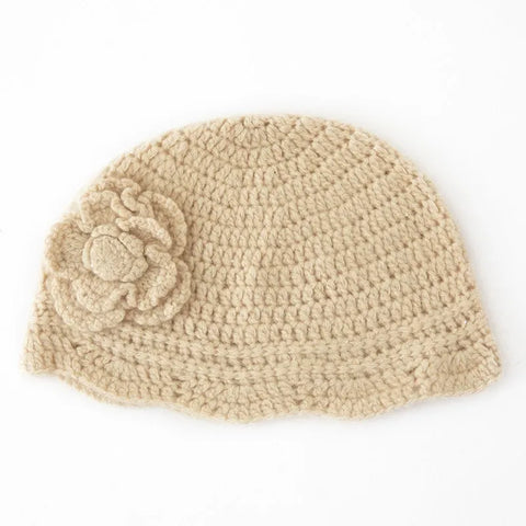 Hand-Crocheted Pure Cashmere Beanie Cap with Flower