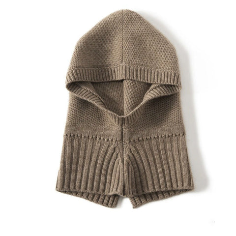 Unisex Knitted Hooded 100% Cashmere Hat with Ribbed Hem Loop Scarf