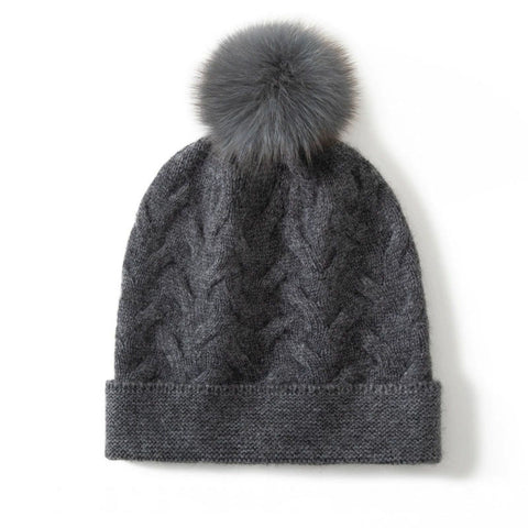 100% Cashmere Beanie Cable Knit Beanie Hat with Fur Pom Pom