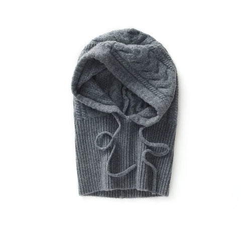 Warm Windproof Cable-Knit Pure Cashmere Ribbed Hood with Drawstrings