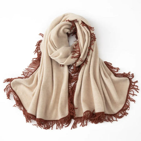 Soft Large Fringed Knitted Cashmere Shawl Warm Color-block Scarf