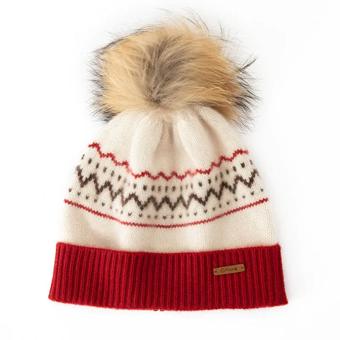 100% Cashmere Fair Isle Knit Beanie Hat with Fur Pom-Pom  For Women