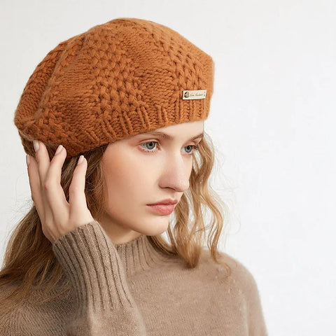 Pure Cashmere Knit Beret Hat Hand Crocheted Thick Yarn Soft Winter Beanie