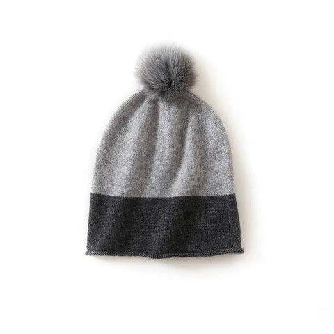 Two-Tone Ribbed Knit Cashmere Beanie with Fur Pom Pom