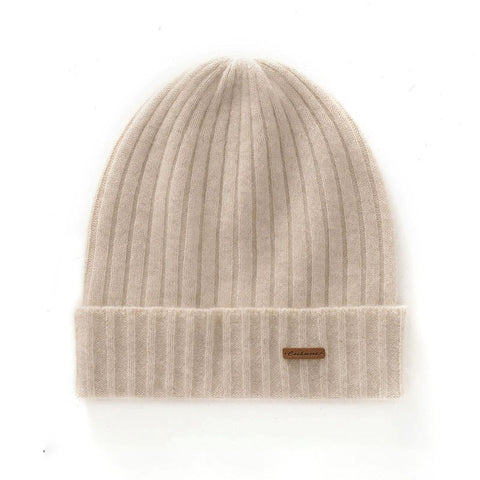 Unisex 100% Pure Cashmere Ribbed Knitted Beanie Cuffed Hat with Logo Patch