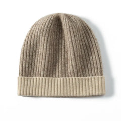 Two-Tone 100% Cashmere Ribbed Knit Cashmere Beanie Hat