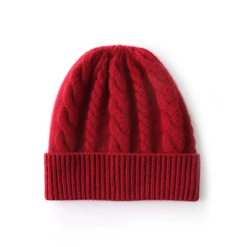 Warm Ribbed Classic Cable-Knit Pure Cashmere Beanie Hat