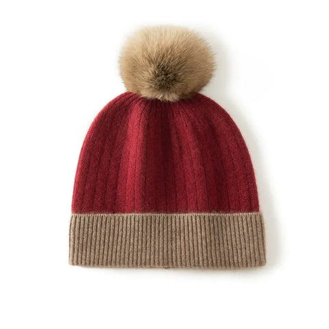 Winter Knitted Cashmere Ribbed Beanie with Faux Fur Pom Warm Hat Skull Cap
