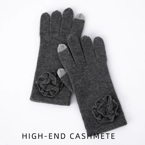 Women 100% Cashmere Knitted Gloves Full Fingers Mitten with Rose Crochet Flower