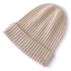 Classic Knit Winter 100% Cashmere Ribbed Beanie Hat