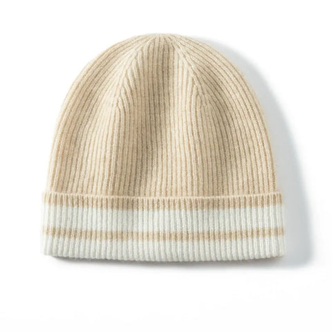 Ribbed Cashmere Beanie with Contrast Stripe Hem Hat Outdoor Knitted Cap
