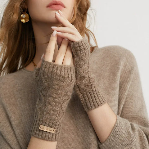 Pure Cashmere Knit Fingerless Winter Gloves Women Outdoor Warm Arm