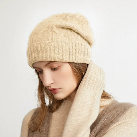 100% Cashmere Slouchy Ribbed Beanie Bonnet Hat Warm Knit Caps Skullies