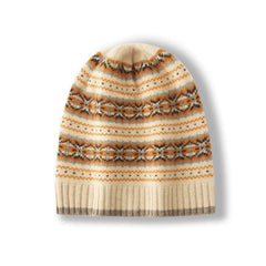 Fair Isle Inspired Pattern 100% Cashmere Beanie Knit Hat Unisex