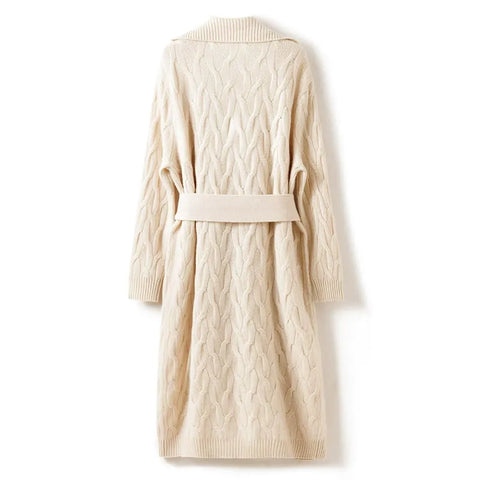 Casual Loose Knitted Coat Long Cable-Knit Cashmere Cardigan with Belt