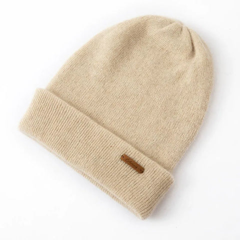 Classic Double-Layer Cashmere Beanie Knit Unisex Hat with Fold-Over Cuff