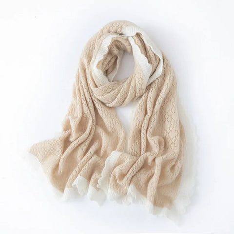 100% Cashmere Dual-Tone Lace-Knit Cashmere Scarf with Contrast Trim Wrap
