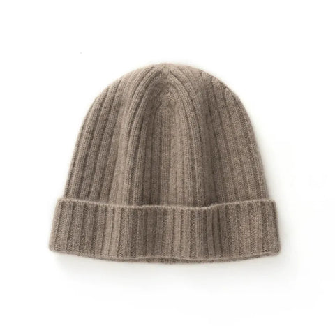 Chunky Ribbed 100% Cashmere Beanie Hat Fold Over Knitted Cap