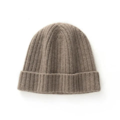 Chunky Ribbed 100% Cashmere Beanie Hat Fold Over Knitted Cap