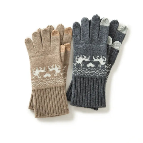 Winter Cashmere Reindeer Pattern Touch Screen Soft Warm Stretch Knit Mittens Gloves