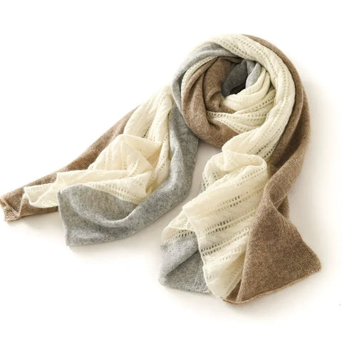 100% Pure Cashmere Colorblock Patchwork Jacquard Striped Soft Lace-Knit Scarf