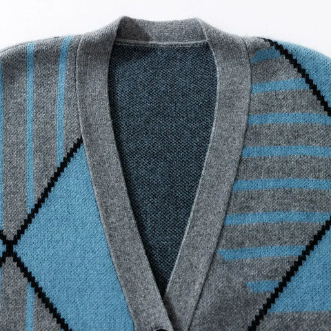 100% Cashmere Long Loose Cardigan for Women Geometric Knit Button Sweater Coat
