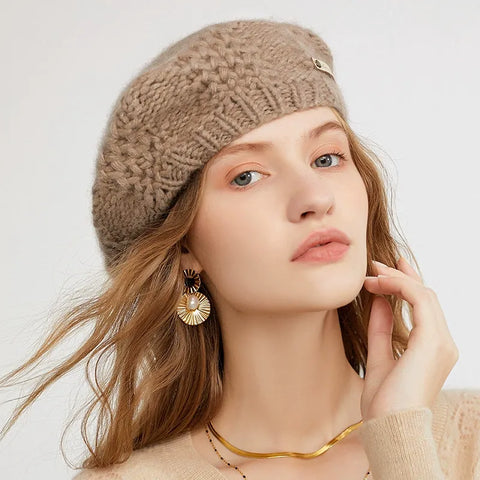 Pure Cashmere Knit Beret Hat Hand Crocheted Thick Yarn Soft Winter Beanie