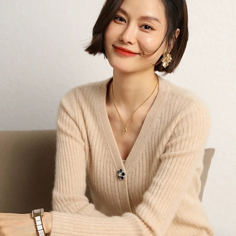 Ribbed V-Neck Slim Striped Ladies Knit Sweater Cashmere Wool Cardigan