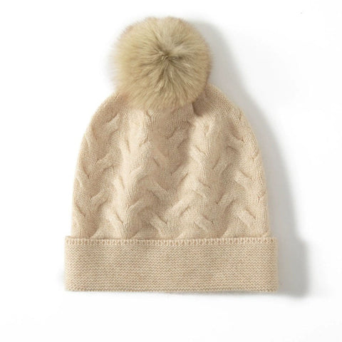100% Cashmere Beanie Cable Knit Beanie Hat with Fur Pom Pom