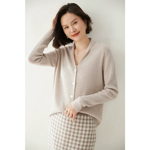 V-Neck Plain Minimalist Button-Up Knit Cardigan Sweater for Women