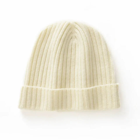 Chunky Ribbed 100% Cashmere Beanie Hat Fold Over Knitted Cap