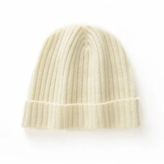Chunky Ribbed 100% Cashmere Beanie Hat Fold Over Knitted Cap