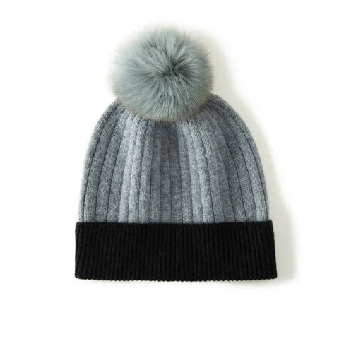 Winter Knitted Cashmere Ribbed Beanie with Faux Fur Pom Warm Hat Skull Cap
