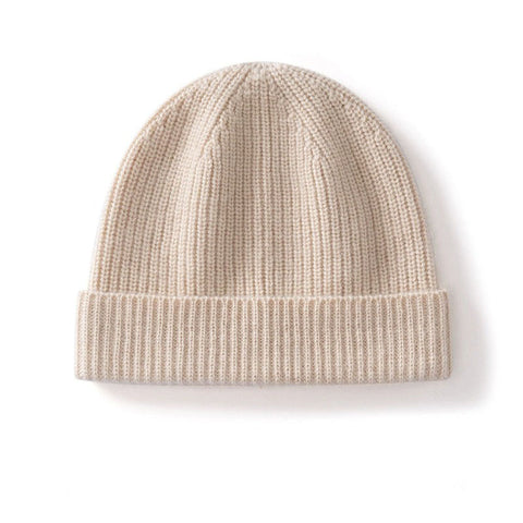 Basic Ribbed Cashmere Beanie Knit Fold-Over Thicken Winter Hat