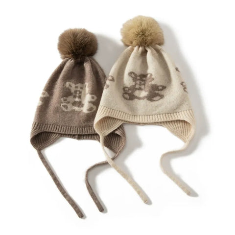 Kids’ 100% Cashmere Knitted Fur Pom-Pom Cap Soft Warm Earflap Beanies Bonnet