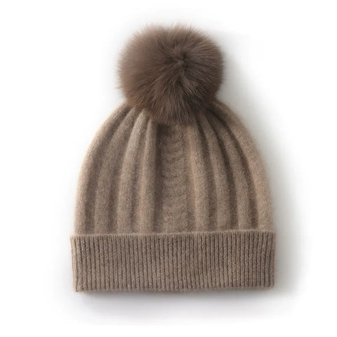 100% Cashmere Ribbed Chunky Knit Beanie with Pom-Pom for Women