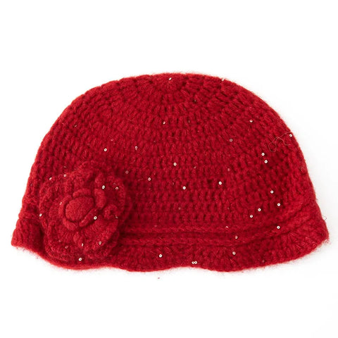 Hand-Crocheted Pure Cashmere Beanie Cap with Flower