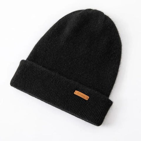 Classic Double-Layer Cashmere Beanie Knit Unisex Hat with Fold-Over Cuff